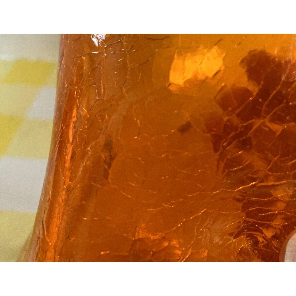 Vintage Blenko crackle glass dimpled tall pitcher Amberina orange clear handle